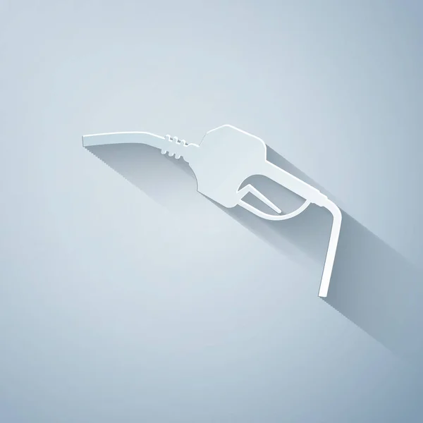 Pappersklipp bensin pump munstycke ikon isolerad på grå bakgrund. Bränslepumpens bensinstation. Bränsletjänstskylt. Ikonen på bensinstationen. Papperskonst. Vektor Illustration — Stock vektor