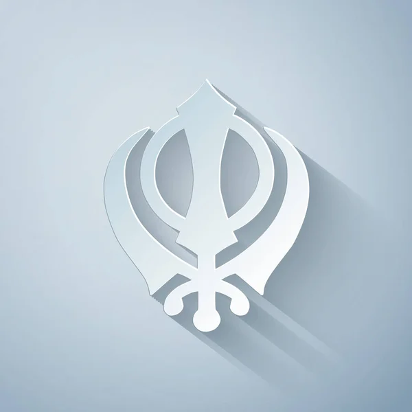 Paper cut Sikhism religion Khanda symbol icon isolated on grey background. Khanda Sikh symbol. Paper art style. Vector Illustration — Stock Vector