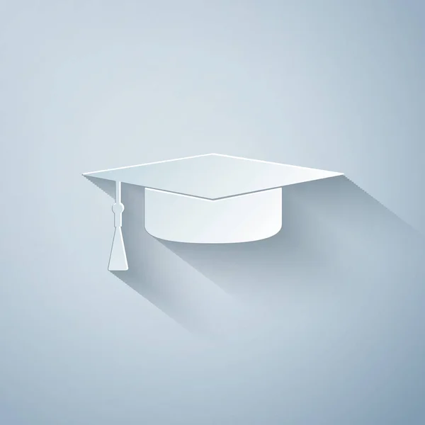 Corte de papel Icono de tapa de graduación aislado sobre fondo gris. Sombrero de graduación con icono de borla. Estilo de arte de papel. Ilustración vectorial — Vector de stock