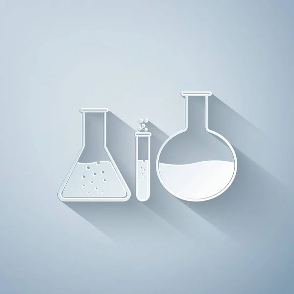 Pappersskärning Provrör och kolv - kemisk laboratorietestikon isolerad på grå bakgrund. Glasvaruskylt i laboratoriet. Papperskonst. Vektor Illustration — Stock vektor