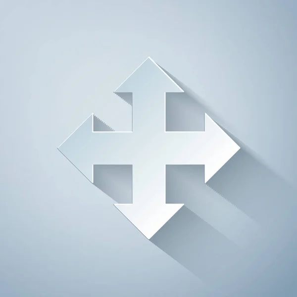 Papel cortado Flechas en cuatro direcciones icono aislado sobre fondo gris. Estilo de arte de papel. Ilustración vectorial — Vector de stock