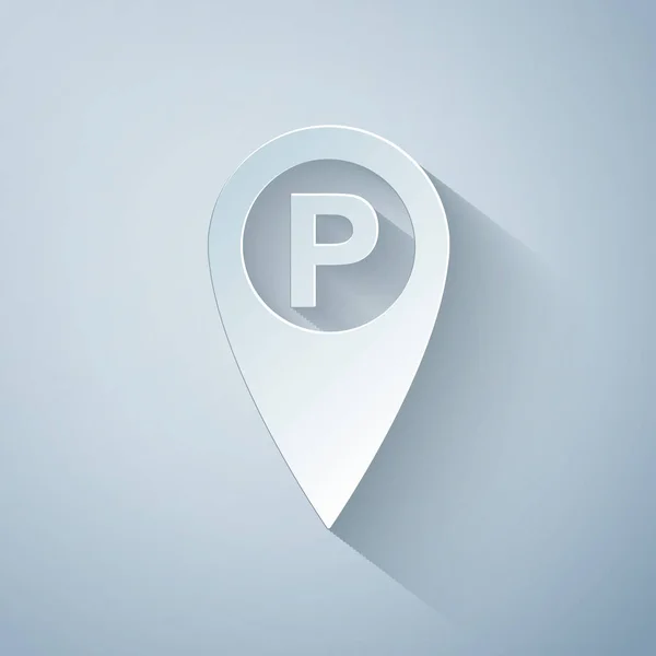 Papel cortado Puntero de mapa con icono de aparcamiento aislado sobre fondo gris. Estilo de arte de papel. Ilustración vectorial — Vector de stock