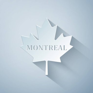 Kağıt kesiği Kanada akçaağaç yaprağı şehir adı Montreal olan gri arka planda izole edilmiş. Kağıt sanatı tarzı. Vektör İllüstrasyonu