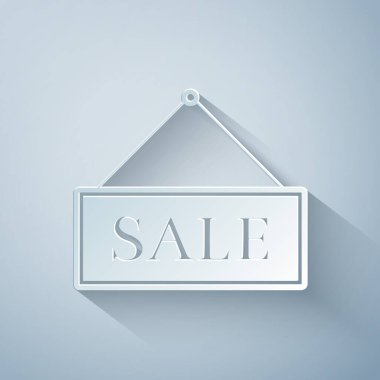 Kağıt kesiği. Gri arkaplanda izole edilmiş metin satışı simgesi. Kağıt sanatı tarzı. Vektör İllüstrasyonu