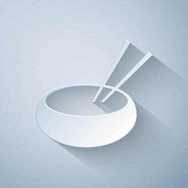 Kağıt kesilmiş Kase asya gıda ve gri arka plan üzerinde izole çubukları siluet simgesi çifti. Hazırlık kavramı, doğu diyeti. Kağıt sanat tarzı. Vektör İllüstrasyonu