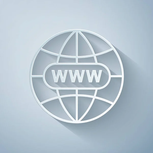 Kağıt kesiği Gri arkaplanda izole edilmiş Web simgesine git. Www simgesi. Resimli web sitesi. Dünya çapındaki web sembolü. İnternet sitenizin tasarımı, uygulaması, Ui için internet sembolü. Kağıt sanatı tarzı. Vektör İllüstrasyonu — Stok Vektör