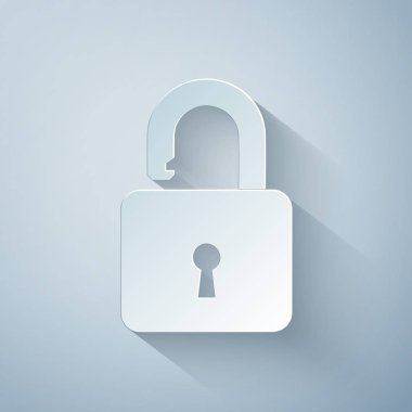 Kağıt kesme Gri arka planda yalıtılmış açık asma kilit simgesi. Kilit işaretini açtı. Siber güvenlik konsepti. Dijital veri koruması. Güvenlik güvenliği. Kağıt sanat tarzı. Vektör İllüstrasyonu