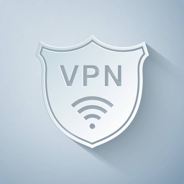 Kağıt, Shield 'ı Vpn ve Wifi kablosuz internet ağ simgesi ile kesti. VPN güvenlik kavramını koruyor. Güvenlik için sanal özel ağ. Kağıt sanatı tarzı. Vektör İllüstrasyonu