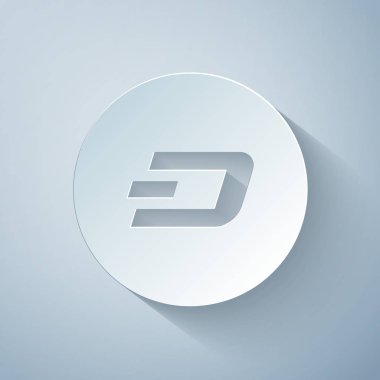 Kağıt, gri arka planda kripto para Dash simgesini kesti. Madeni para. Dijital para birimi. Altcoin sembolü. Engelleme zinciri tabanlı şifreli para birimi. Kağıt sanatı tarzı. Vektör İllüstrasyonu