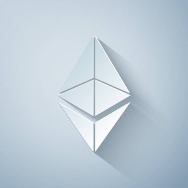 Kağıt, gri arka planda Kripto Para Ethereum Eth simgesini kesti. Madeni para. Dijital para birimi. Altcoin sembolü. Engelleme zinciri tabanlı şifreli para birimi. Kağıt sanatı tarzı. Vektör İllüstrasyonu