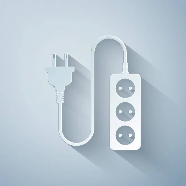 Corte de papel Icono de cable de extensión eléctrica aislado sobre fondo gris. Toma de corriente. Estilo de arte de papel. Ilustración vectorial — Archivo Imágenes Vectoriales