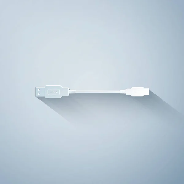 Paper cut USB Micro cables icon on grey background. Connectors and sockets for PC and mobile devices. Computer peripherals connector or smartphone recharge supply. Paper art style. Vector Illustration — ストックベクタ