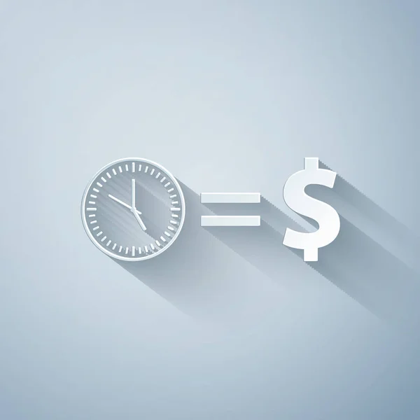 Paper cut Time is money icon isolated on grey background. Money is time. Effective time management. Convert time to money. Paper art style. Vector Illustration — Stock Vector