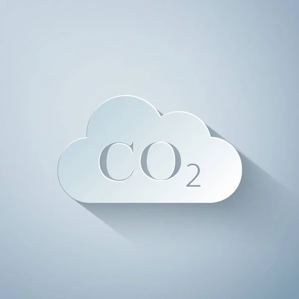 Paper cut CO2 emissions in cloud icon isolated on grey background. Carbon dioxide formula symbol, smog pollution concept, environment concept, combustion products. Paper art style. Vector Illustration — Stock Vector