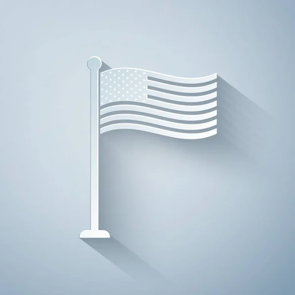 Paper cut National flag of USA on flagpole icon isolated on grey background. American flag sign. Paper art style. Vector Illustration — Stock Vector