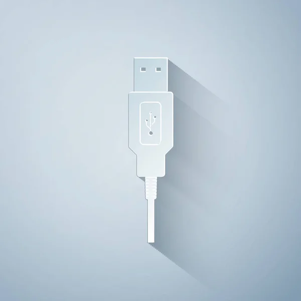 Corte de papel icono del cable USB en fondo gris. Conectores y enchufes para PC y dispositivos móviles. Conector de periféricos de computadora o suministro de recarga de teléfonos inteligentes. Estilo de arte de papel. Ilustración vectorial — Archivo Imágenes Vectoriales