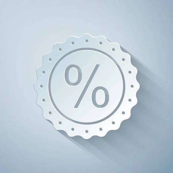 Corte de papel ícone de desconto símbolo percentual isolado no fundo cinza. Percentagem de venda - etiqueta de preço, tag. Estilo de arte de papel. Ilustração vetorial —  Vetores de Stock