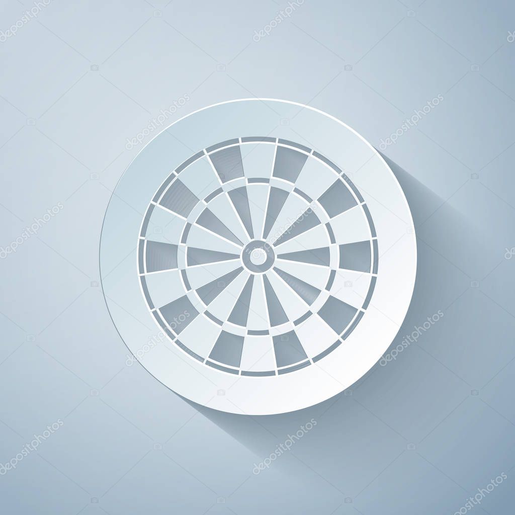 Paper cut Classic darts board with twenty black and white sectors icon isolated on grey background. Dart board sign. Dartboard sign. Game concept. Paper art style. Vector Illustration