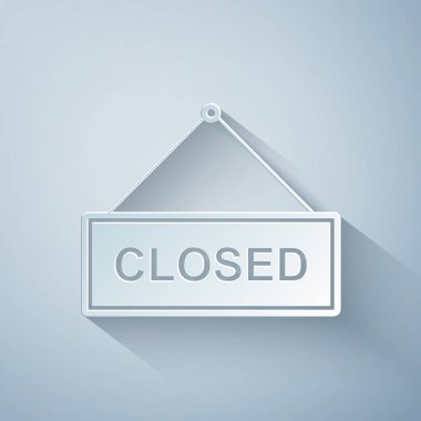 Kağıt kesiği, gri arkaplanda izole edilmiş kapalı kapı simgesi ile asılı. Kağıt sanatı tarzı. Vektör İllüstrasyonu