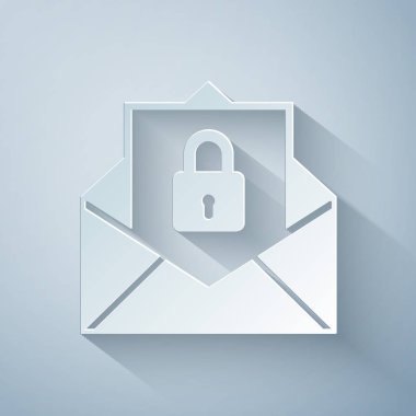 Kağıt kesiği, gri arkaplanda güvenli posta simgesi izole edildi. Mektup zarfında asma kilit var. Kağıt sanatı tarzı. Vektör İllüstrasyonu