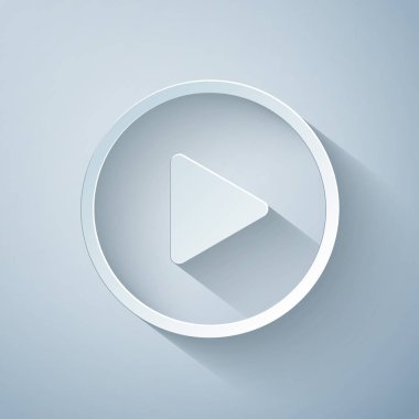 Kağıt kesiği Oynatma simgesi gri arkaplanda izole edildi. Kağıt sanatı tarzı. Vektör İllüstrasyonu