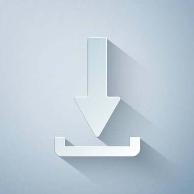 Kağıt kesme Gri arka planda yalıtılmış İndir simgesi. Yükle düğmesi. Yük sembolü. Ok noktası aşağıya doğru. Kağıt sanat tarzı. Vektör İllüstrasyonu