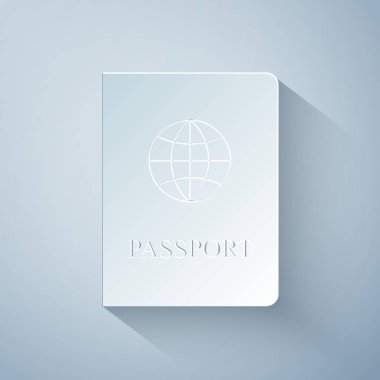 Gri arkaplanda biyometrik veri simgesi olan pasaport kesimi. Kimlik Belgesi. Kağıt sanatı tarzı. Vektör İllüstrasyonu