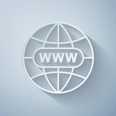 Kağıt kesiği Gri arkaplanda izole edilmiş Web simgesine git. Www simgesi. Resimli web sitesi. Dünya çapındaki web sembolü. İnternet sitenizin tasarımı, uygulaması, Ui için internet sembolü. Kağıt sanatı tarzı. Vektör İllüstrasyonu