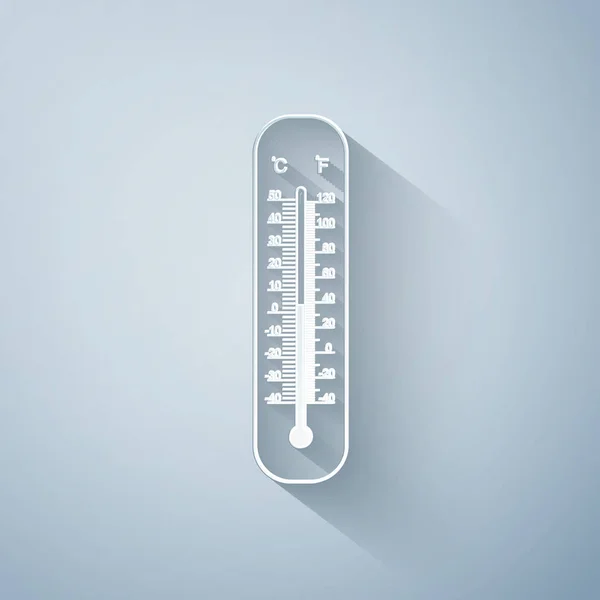 Termómetros de meteorología Celsius y fahrenheit de corte de papel que miden el calor y el frío icono sobre fondo gris. Equipo de termómetro que muestra clima caliente o frío. Estilo de arte de papel. Ilustración vectorial — Vector de stock
