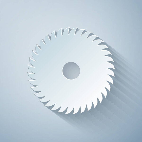 Paper cut Circular saw blade icon isolated on grey background. Saw wheel. Paper art style. Vector Illustration