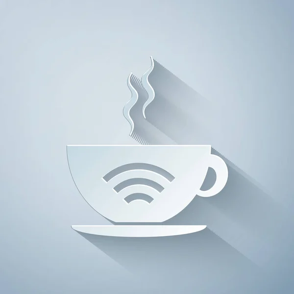 Taza de papel de la cafetería con icono zona wifi gratis aislado sobre fondo gris. Cartel de conexión a Internet. Estilo de arte de papel. Ilustración vectorial — Vector de stock