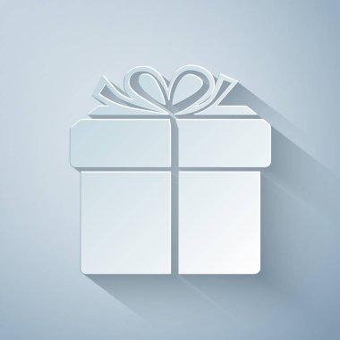 Kağıt kesme Hediye kutusu simgesi gri arka planda yalıtılmış. Kağıt sanat tarzı. Vektör İllüstrasyonu