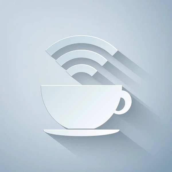 Taza de papel de la cafetería con icono zona wifi gratis aislado sobre fondo gris. Cartel de conexión a Internet. Estilo de arte de papel. Ilustración vectorial — Vector de stock