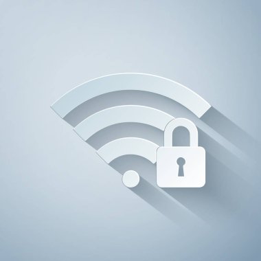 Kağıt kesiği Wifi kilidi simgesi gri arkaplanda izole edildi. Şifre kablosuz ağ sembolü. Kablosuz ağ simgesi. Karı bölgesi. Kağıt sanatı tarzı. Vektör İllüstrasyonu