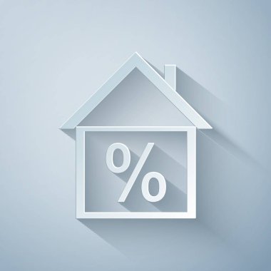 Gri arka planda indirimli etiket simgesi olan kağıt kesimi House. Evin yüzdesi tabela fiyatı. Emlak evi. Kredi yüzdesi sembolü. Ödünç para. Kağıt sanatı tarzı. Vektör İllüstrasyonu