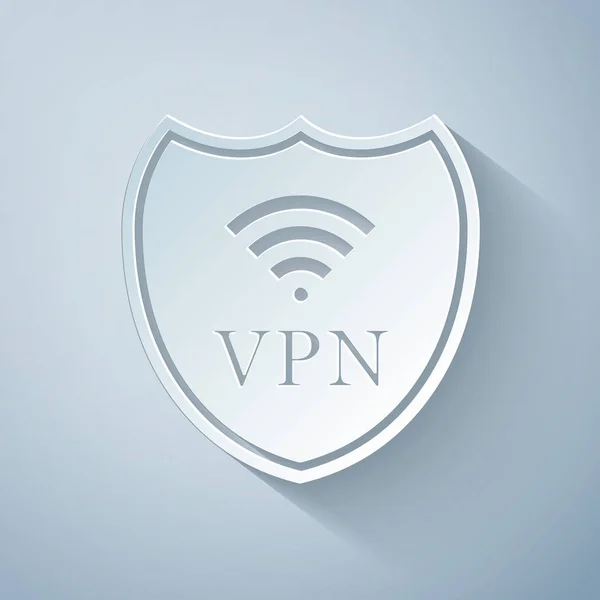 Paper cut Shield with VPN and WiFi wireless internet network symbol icon on grey background. VPN protect safety concept. Virtual private network for security. Paper art style. Vector Illustration — ストックベクタ