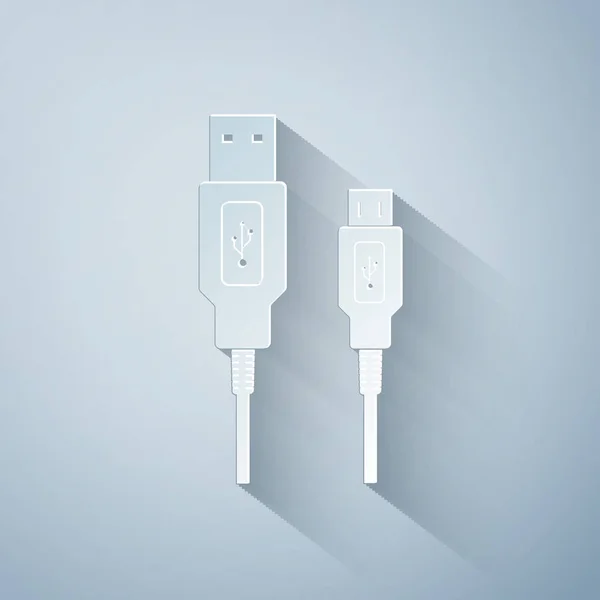 Corte de papel USB Icono de micro cables sobre fondo gris. Conectores y enchufes para PC y dispositivos móviles. Conector de periféricos de computadora o suministro de recarga de teléfonos inteligentes. Estilo de arte de papel. Ilustración vectorial — Archivo Imágenes Vectoriales