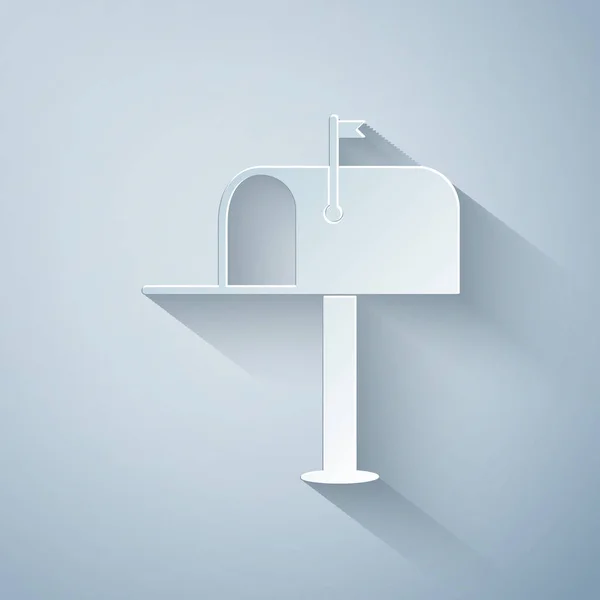 Pappersklipp Öppen brevlåda ikon isolerad på grå bakgrund. Brevlådeikonen. Brevlåda på stolpe med flagga. Papperskonst. Vektor Illustration — Stock vektor