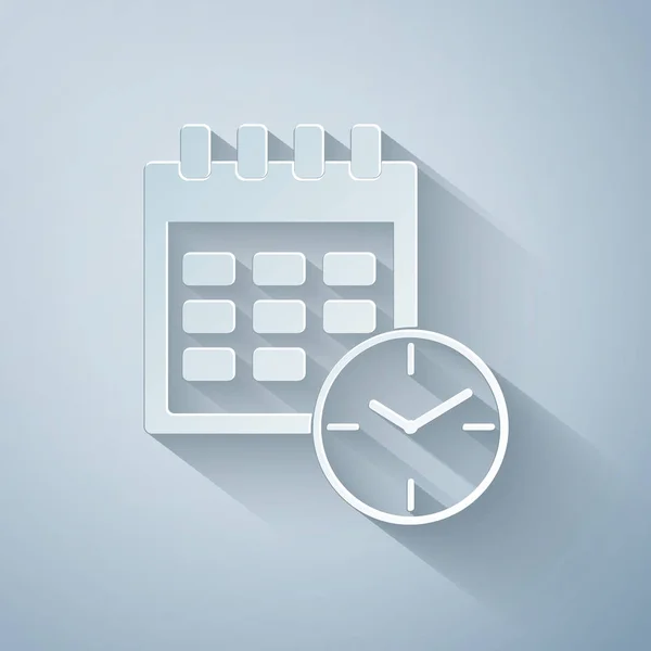 Corte de papel Icono de calendario y reloj aislado sobre fondo gris. Horario, cita, organizador, hoja de tiempo, gestión del tiempo, fecha importante. Signo de fecha y hora. Estilo de arte de papel. Ilustración vectorial — Archivo Imágenes Vectoriales