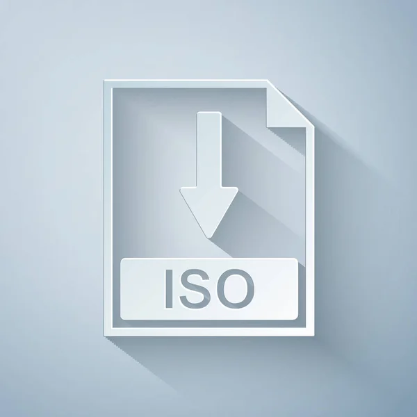 Icono de documento ISO de corte de papel. Descargar icono de botón ISO aislado sobre fondo gris. Estilo de arte de papel. Ilustración vectorial — Vector de stock