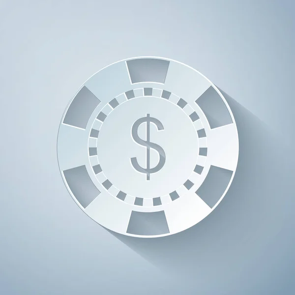 Paper cut Kasino chip och dollar symbol ikon isolerad på grå bakgrund. Papperskonst. Vektor Illustration — Stock vektor