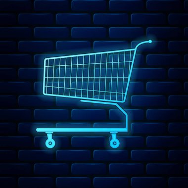 Parlayan neon alışveriş arabası simgesi tuğla duvar arkasında izole edilmiş. İnternetten satın alma konsepti. Servis tabelası. Süpermarket sepeti sembolü. Vektör İllüstrasyonu