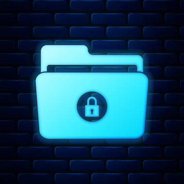 Parlayan neon Klasör ve kilit simgesi tuğla duvar arka planda izole. Kapalı klasör ve asma kilit. Güvenlik, güvenlik, koruma konsepti. Vektör İllüstrasyonu