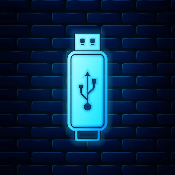 Lumineux néon icône clé USB isolé sur fond de mur de briques. Illustration vectorielle — Image vectorielle