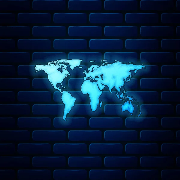 Ícone de mapa mundial de néon brilhante isolado no fundo da parede de tijolo. Ilustração vetorial —  Vetores de Stock