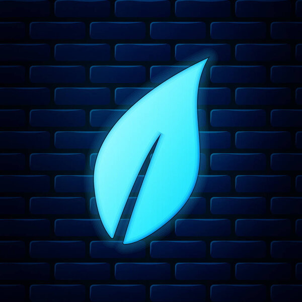 Glowing neon Leaf icon isolated on brick wall background. Vector Illustration