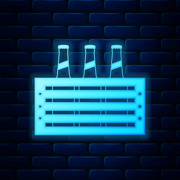 Planoucí neonová sada láhví s pivními lahvemi izolovaná na pozadí cihlové zdi. Dřevěné krabice a láhve od piva. Krabice na pivo. Vektorová ilustrace — Stockový vektor
