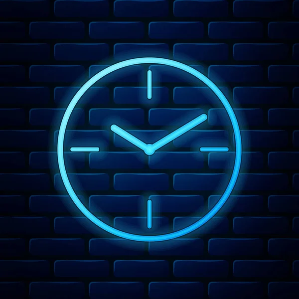 Brillante icono del reloj de neón aislado en el fondo de la pared de ladrillo. Símbolo de tiempo. Ilustración vectorial — Vector de stock