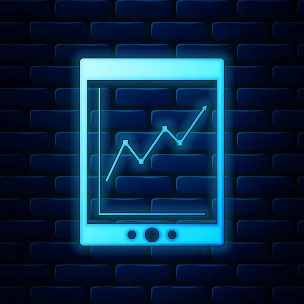 Tablet fluorescente al neon con grafico statistico icona isolato su sfondo muro di mattoni. Grafico finanziario e grafico. Illustrazione vettoriale — Vettoriale Stock