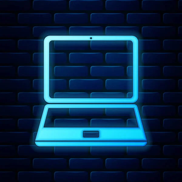 Leuchtende Neon-Laptop-Symbol isoliert auf Backsteinwand Hintergrund. Computer-Notizbuch mit leerem Bildschirm. Vektorillustration — Stockvektor